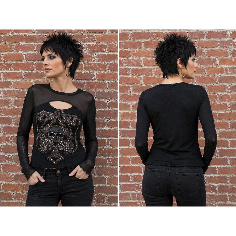 Affliction Women’s L Black Skull Graphic Long Sleeve Sheer Mesh Cutout Slim NWT